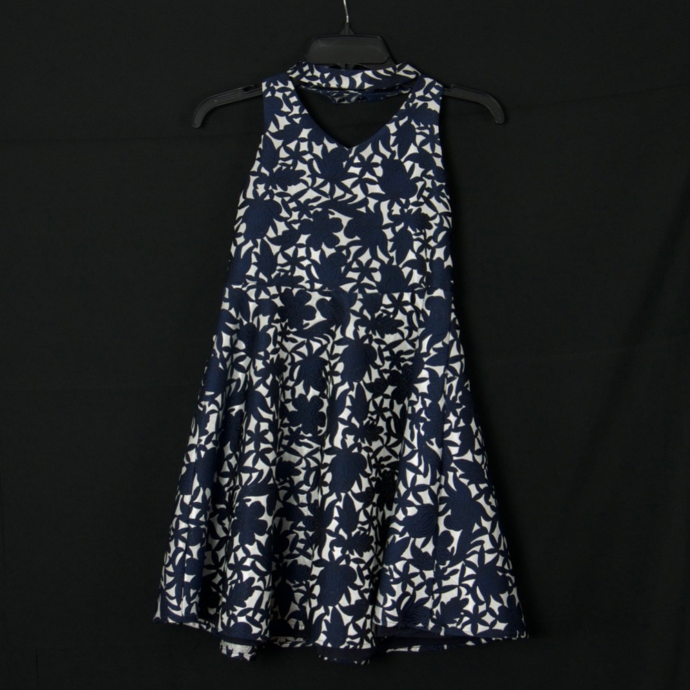 floral high neck cutout fit and flare dress